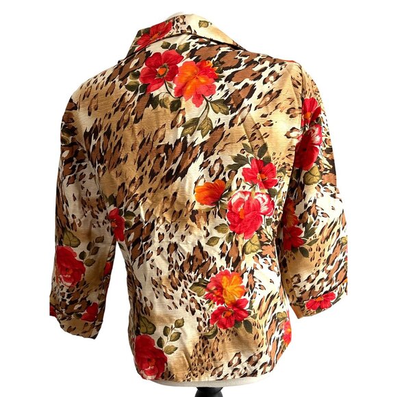 Vintage Silk Land Beaded Floral Button Down Sil Shirt Sz L Cheetah Print & Flora - Picture 10 of 11